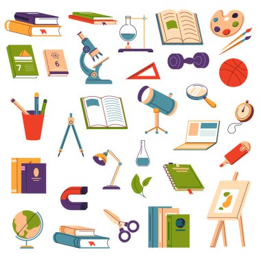 Studies and obtaining knowledge, isolated school supplies and appliances for college or university. Books and textbooks, palettes for painting, lamps and microscope, magnet. Vector in flat style