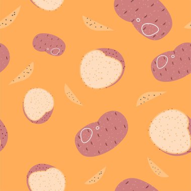 Farm food, tasty and nutritious meal. Fresh potato slices and pieces. Preparing meal and eating balanced and organic ingredients. Seamless pattern, background print or wallpaper. Vector in flat style