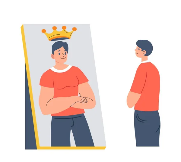 Male Character Looking Mirror Reflection Sees Man Wearing Crown Distorted — Stock Vector