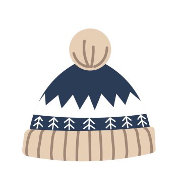 Şık ve sıcak kış kıyafetleri, çam ağaçları ve üçgen desenli izole örülmüş şapkalar. Erkekler ve kadınlar için aksesuarlar ve elbiseler, şık dış giyim parçaları. Düz biçimli vektör