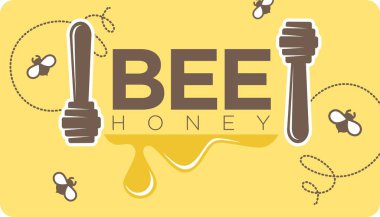 Bal ürünü, arılar ve tahta kaşıklar. İş üretimi için bayrak ya da logoti, sağlık ve refah için organik ve sağlıklı beslenme malzemeleri. Lezzetli yemek ya da atıştırmalık. Düz biçimli vektör