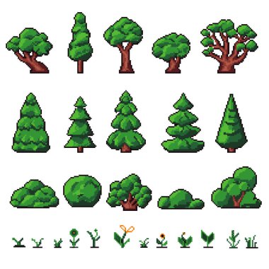 Piksel ağaçları ve çalılar, çiçek açan çiçekler ve bahar bitkisi. Oyun seviyesi ayarlanıyor, çiçekçi kompozisyonu Gamification. 8 bit oyun için izole edilmiş pikselli simge, retro tasarım. Düz biçimli vektör