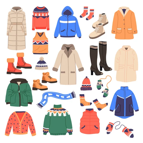 冬季穿的保暖衣服 孤立的外套和夹克 针织毛衣和靴子 围巾和手套 袜子和帽子 男男女女服装 异质设计服装 矢量呈扁平型 — 图库矢量图片