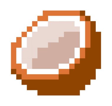 Oyun arayüzü için egzotik ya da tropikal hindistan cevizi meyvesi işareti. Organik ve doğal ürünler, tatlı ve yemek malzemeleri. Pikselleştirilmiş izole simge, 8 bit oyun tasarımı, düz biçimli vektör