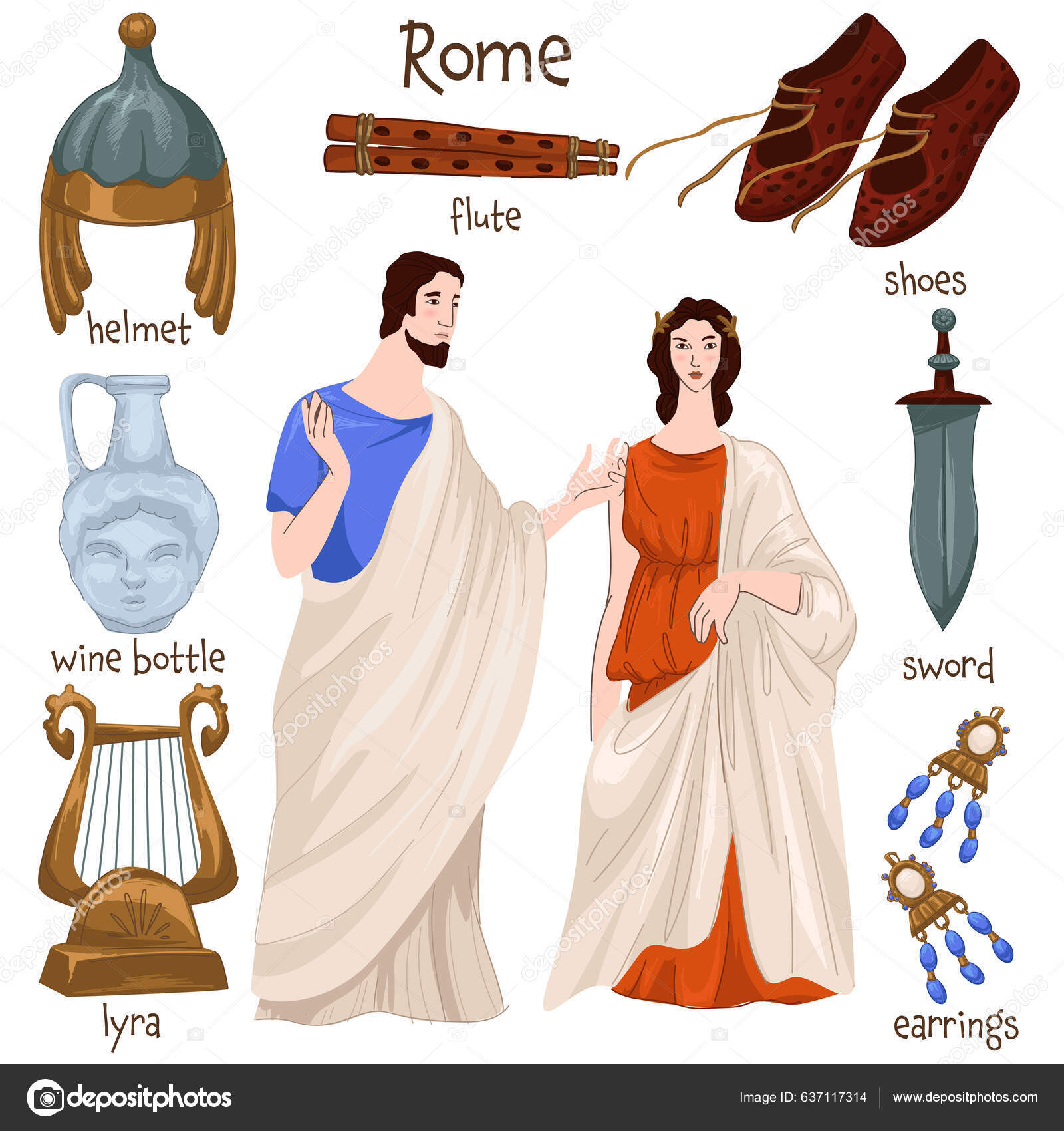 Roman Empire People Furniture Clothes Personal Belonging Isolated Man Woman  – stockvektor ©Sonulkaster 637117314