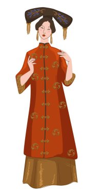 Female character wearing traditional chinese clothes. Isolated woman presenting fashion and stylish outfits of China. Girl in kimono or dress with headwear and fancy hairstyle. Vector in flat style