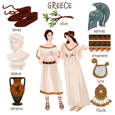 People wearing traditional ancient greek clothes and robes. Man and woman from greece. Olive tree branches, helmet and pattern, classic statue and ceramics, lyra and jewelry. Vector in flat style