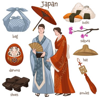 Man and woman wearing traditional japanese clothes. Male and female living in japan, kimono clothing. Bag and sushi, sakura tree and daruma doll, amulet and old straw hat. Vector in flat style