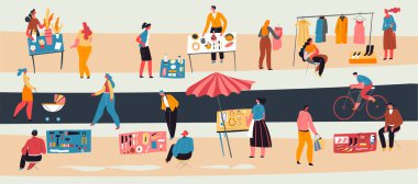Second hand trade or garage sale, people selling personal belongings, clothes and kitchenware on street. Males and females on market. Woman walking with buggy, man on bike. Vector in flat style