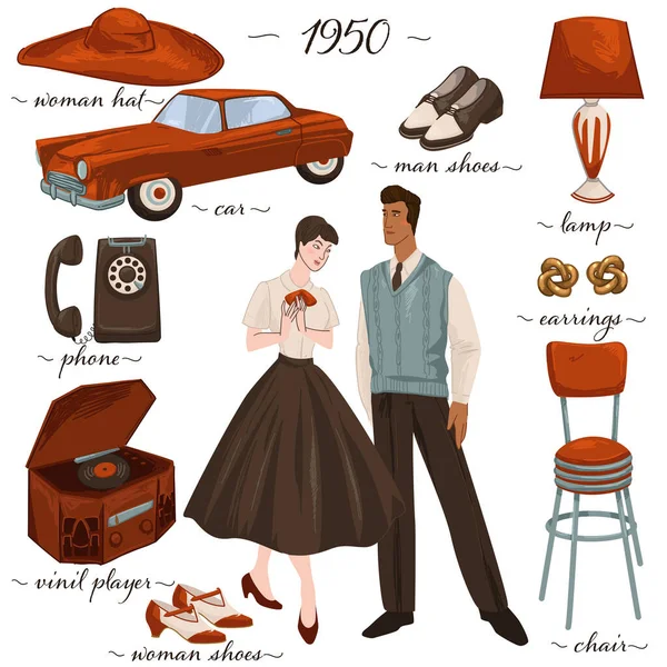 Furniture Fashion 50S Man Woman Wearing Traditional Clothes 1950S Male — Wektor stockowy