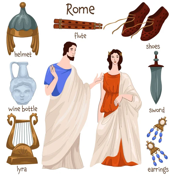 Roman Empire People Furniture Clothes Personal Belonging Isolated Man Woman — 图库矢量图片