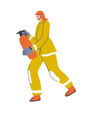 İşteki itfaiyeci koruyucu giysi ve kask giyip yangın söndürücü taşıyor. Kostüm giymiş, insanları koruyan, alevleri ve tehlikeyi söndüren izole itfaiyeciler. Düz biçimli vektör