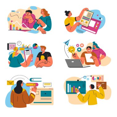 Employees working on the development of business and improvement of strategy and analytics. People with charts and computers presenting ideas and making steps to success. Vector in flat style