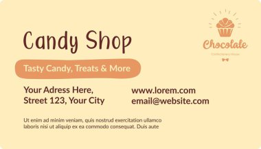 Store or shop selling candies. Information about owner, phone number and logotype of production. Calligraphic inscription and physical address of location. Business card, vector in flat style