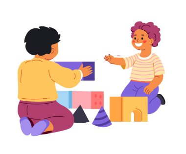Kids with cubes and wooden cones playing games, isolated children with building blocks talking and having fun. Kindergarten or playground at home, leisure time of toddlers. Vector in flat style