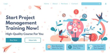 Project management training and courses, best business ideas, study online and get daily support. Buy lessons now and start education. Website landing page, internet site, vector in flat style