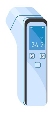 hand thermometer for measuring temperature of body. isolated tools for medical purposes and health care, treatment and prophylactics. Screen with result and buttons. Vector in flat style illustration