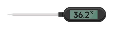 Electronic thermometer with screen showing temperature of body in celsius. Isolated instrument for medicine and health care, indication of normal human condition. Healthy result. Vector in flat style
