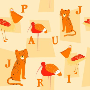learning letters with personages, animal characters portrait with ABC. Tropical and exotic species, cheetah and pelican bird. Seamless pattern, wallpaper or background print. Vector in flat style