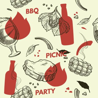 pinic party with beer and snacks, bbq and grilled food, meat and vegetables. Delicious drink and corn, steak and glass of beverage. Seamless pattern, wallpaper or background print. Vector in flat