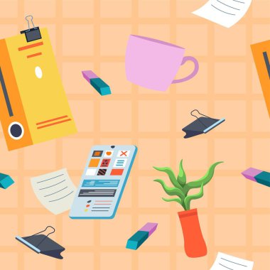 Notebooks and eraser, binders and clippers, plant and cup for coffee or tea. Office and school supplies for writing down. Seamless pattern, wallpaper or background print. Vector in flat style