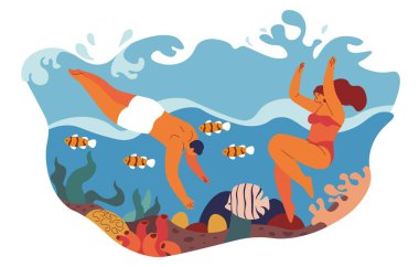 Summer vacation fun by seaside, isolated man and woman couple swimming and diving looking at fish and corals, underwater life. Rest and relax by water, honeymoon. Vector in flat style illustration