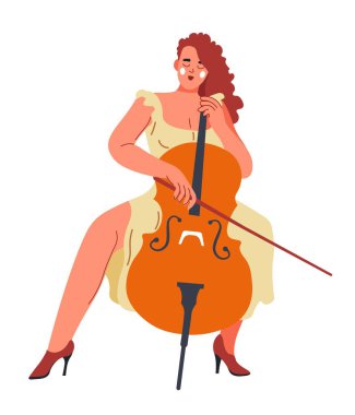 Musician with instrument, isolated woman playing on cello. Lady practicing on violoncello for concert, festival or performance. Musical performer practicing. Cartoon character, vector in flat style