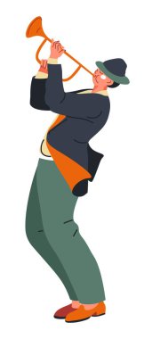 Man playing on wind instrument practicing for concert or festival. Isolated musician or performer with saxophone or tube, trumpet or trombone. Cartoon character, vector in flat style illustration
