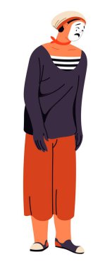 Theatrical drama or comedy performer with painted face, isolated mime wearing classic clothes for performance, concert on stage. Pantomimist male personage. Cartoon character, vector in flat style