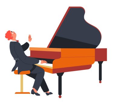 Pianist man sitting by piano instrument giving performance on stage, classic music concert and entertainment. Practicing man wearing formal suit clothes. Cartoon character, vector in flat style