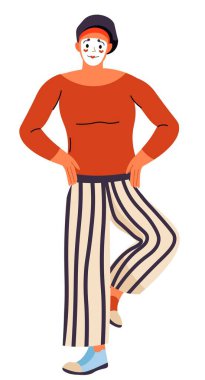 Mime personage wearing funny clothes, beret, and makeup on face. Isolated pantomimist giving performance, performing man showing pantomime techniques. Cartoon character, vector in flat style