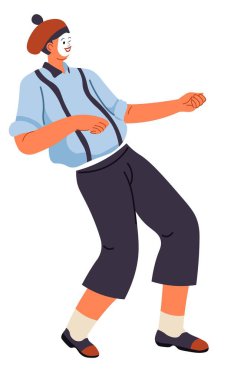 Mime performer entertaining show, isolated man personage wearing make up and french beret expressing and posing. Theatrical technique for acting and fun. Cartoon character, vector in flat style