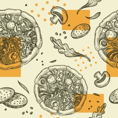 Pizzacıda ya da fırında lezzetli pizza, sebzeli ve etli lezzetli hamur, salam ya da pastırma. Monokrom taslak çizimi, pürüzsüz desenli arka plan, baskı ya da duvar kağıdı. Düz biçimli vektör