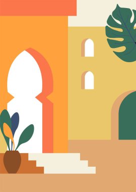 Eski şehir, ev ya da merdivenli bina manzarası. Fas ya da Arap tarzı mimari ve inşaat. Köyün ya da kasabanın silueti, sokaklar ve dış tasarım. Düz vektör