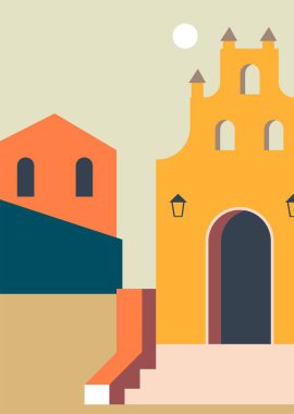 Avrupa şehrinin tarihi manzarası ve geçmişin mimarisi. Merdivenleri ve fenerleri olan kilise ya da kale, kentsel alanın ufuk çizgisi, eski anıtlar ve dış görünüş. Düz biçimli vektör