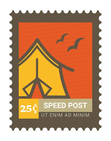 Cachet Postal Carte Postale Avec Tente Oiseaux Volants Dans Ciel — Image vectorielle