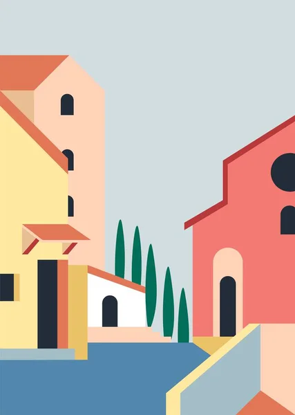 Maisons Bâtiments Extérieurs Rue Avec Façades Maisons Architecture Ville Village — Image vectorielle