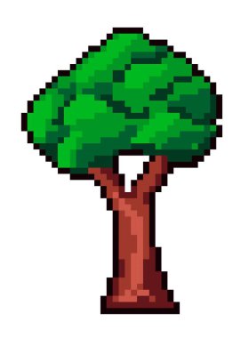 Eski usul oyun tasarımında orman ya da orman kurulumu. Yeşil yaprakları ve dalları, geniş gövdesi ve dalları olan pikseller. 8 bit oyun için izole edilmiş pikselli simge, retro tasarım. Düz biçimli vektör
