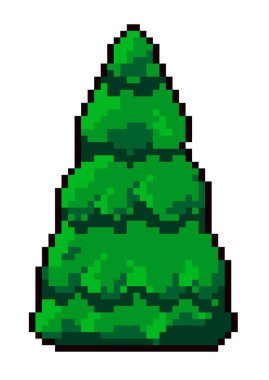 Çam ağacı, yeşil yapraklar, oyun ormanı ya da orman manzarası. Bitkinin dalları ve dalları, vahşi bitki örtüsü. 8 bit oyun için izole edilmiş pikselli simge, retro tasarım. Düz biçimli vektör