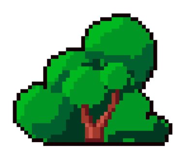 Küçük piksel ağacı ya da dalları, dalları, yeşilliği ve yaprakları olan çalılık. Orman ya da orman doğal sahne ya da sahne oynar. 8 bit oyun için izole edilmiş pikselli simge, retro tasarım. Düz biçimli vektör