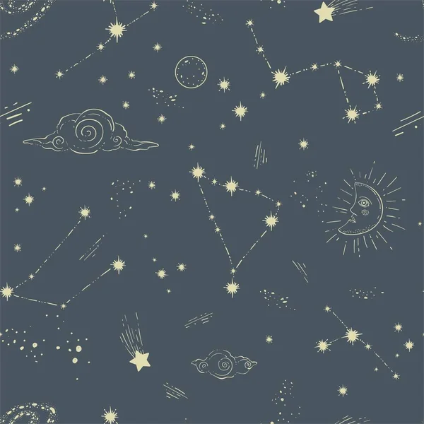 Constellations Ciel Étoilé Avec Formes Lignes Soleil Lune Vintage Nuages — Image vectorielle