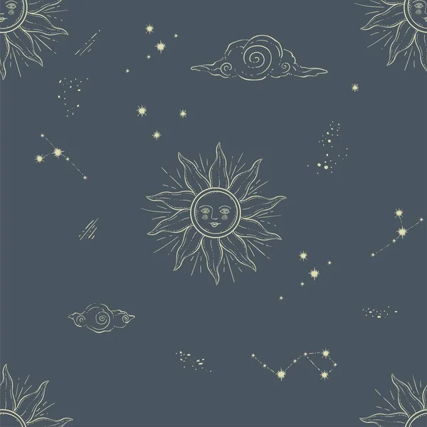 Soleil Lune Nuages Sur Ciel Étoilé Vintage Constellations Reliées Aux — Image vectorielle