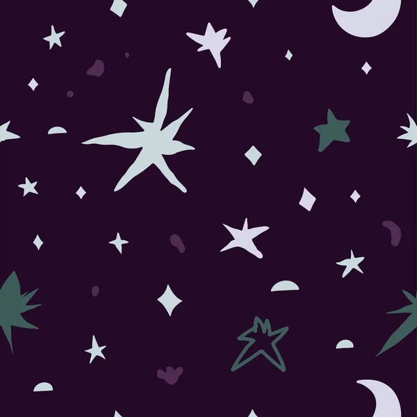 Starry Sky Glowing Stars Crescent Moon Seamless Pattern Design Wallpaper — Stock Vector