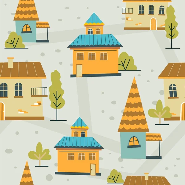 Maisons Bois Avec Jardin Maisons Rustiques Avec Toit Tuiles Style — Image vectorielle