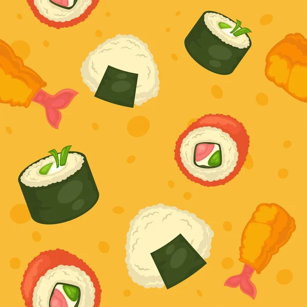 寿司のシームレスなパターン日本料理や料理 朝食や夕食のための食品のデザイン 海苔とサーモン 赤フィレとアボカドのおにぎりとロール 平型ベクトルイラスト — ストックベクタ