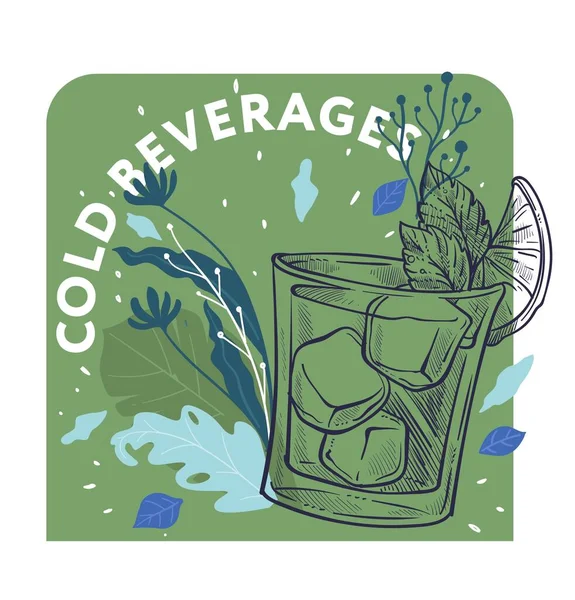 Tasty Alcoholic Beverage Herbs Ice Cubes Slice Lime Orange Delicious — Stock Vector