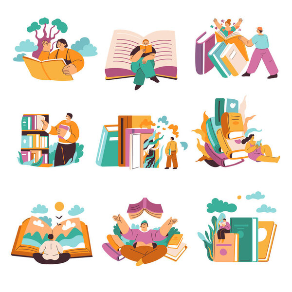 Персонажи наслаждаются литературой и книгами, студенты готовятся к экзаменам. Получение знаний и работа по развитию навыков. Воображение читателей и книжных червей. Вектор в плоском стиле