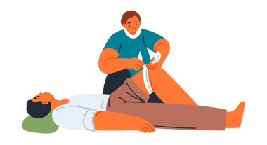 Yaralı ya da yaralı diziyle ilgilenen bir doktor ya da doktor. Sağlık görevlileri ya da yolcular, acil durumlarda acı veren kısımlarına bandaj vererek. Düz biçimli vektör