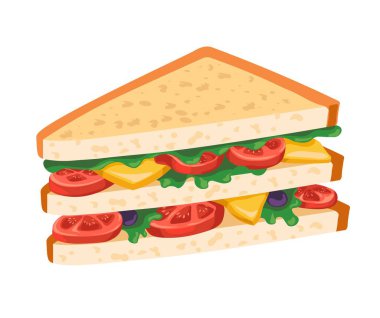 Tost ekmeği, peynir ve salata yaprakları, domates dilimleri. Vejetaryen fast food, mağazadan ya da dükkandan sandviç, restoran ya da kafe. Kapmak ve gitmek için ev yapımı yemek. Düz biçim illüstrasyonunda vektör
