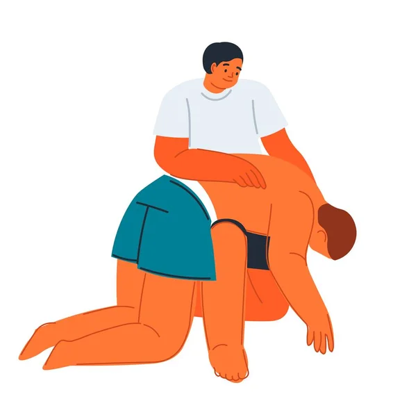 緊急援助 人を窒息させるのを助ける人 曲げと肩の間に背を打つ 咳をし 応急処置を奨励し 男性の文字の生活を救う 平面図のベクトル — ストックベクタ